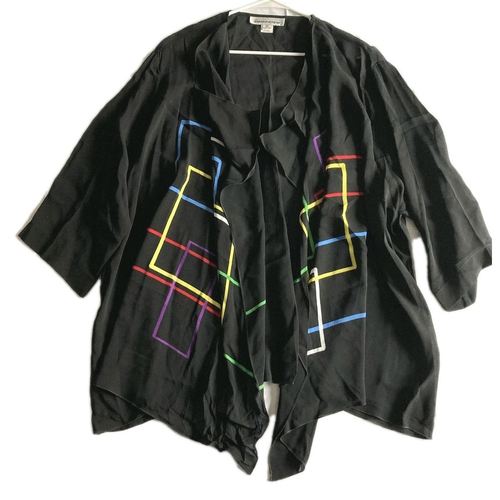 Caroline Rose Blouse Women 3X Black Kimono Sheer Open Front Artsy Geometric Top